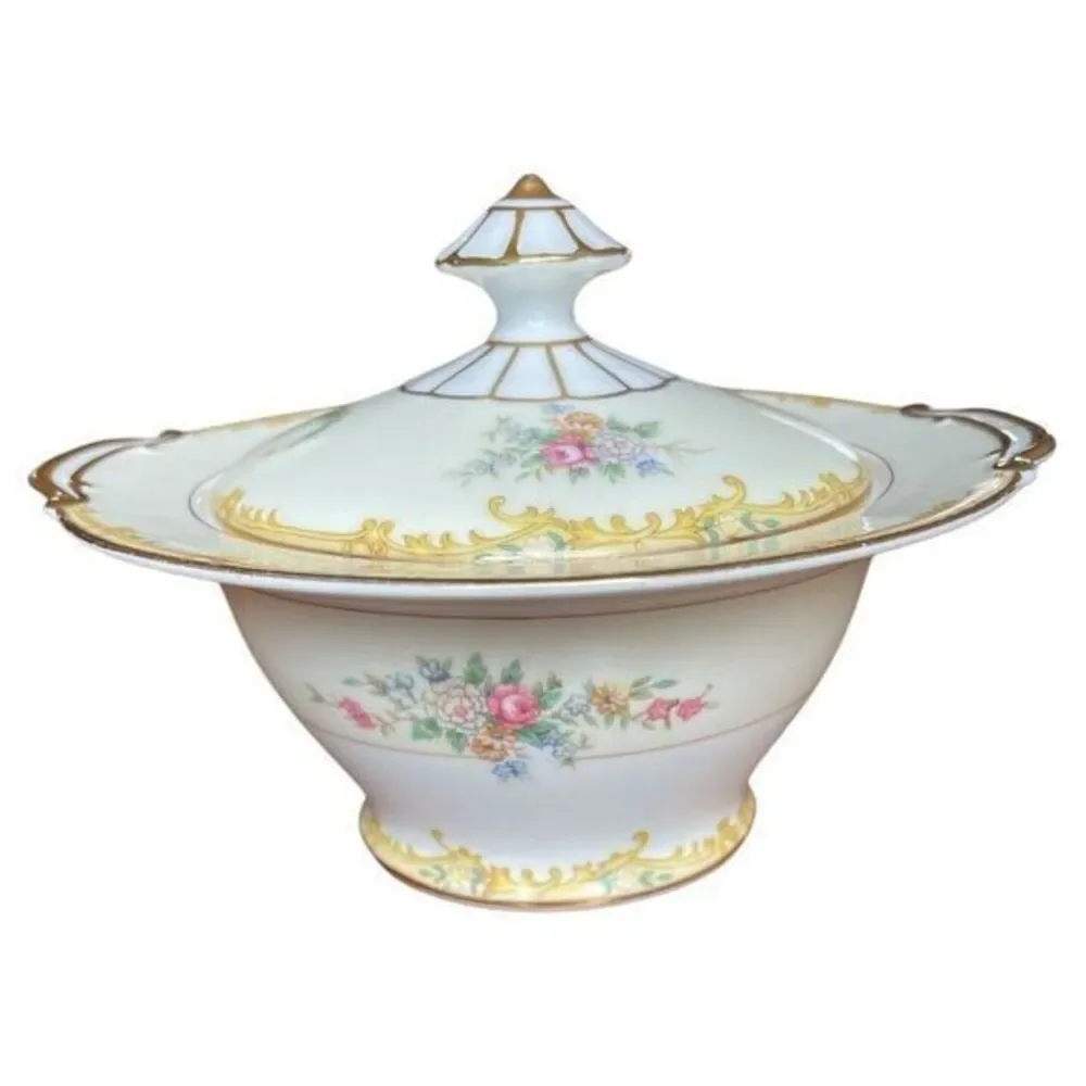 Noritake  N183 Sugar Bowl With Lid Yellow Border Floral Sprays Gold‎ Trim Japan
